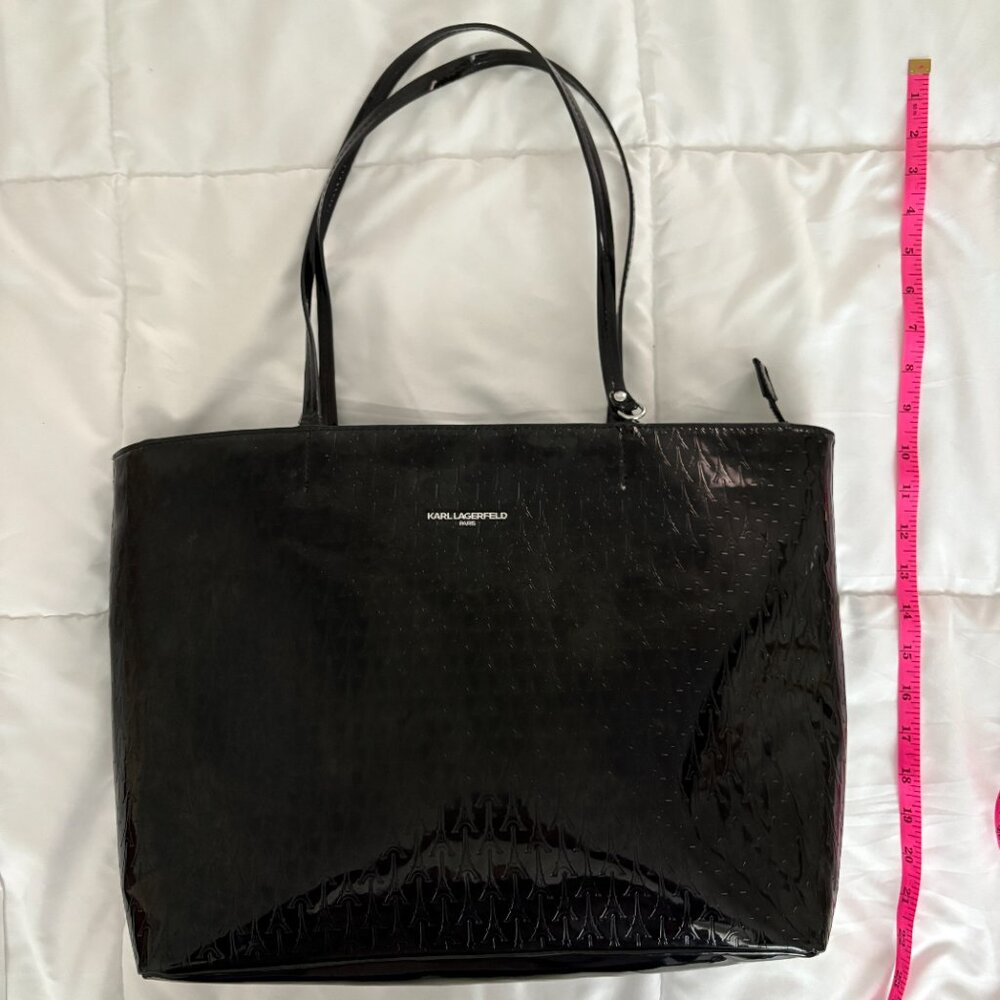 Karl Lagerfeld Paris Logo Tote Coin Purse Black Patent Leather Parisian Chic - Picture 9 of 16